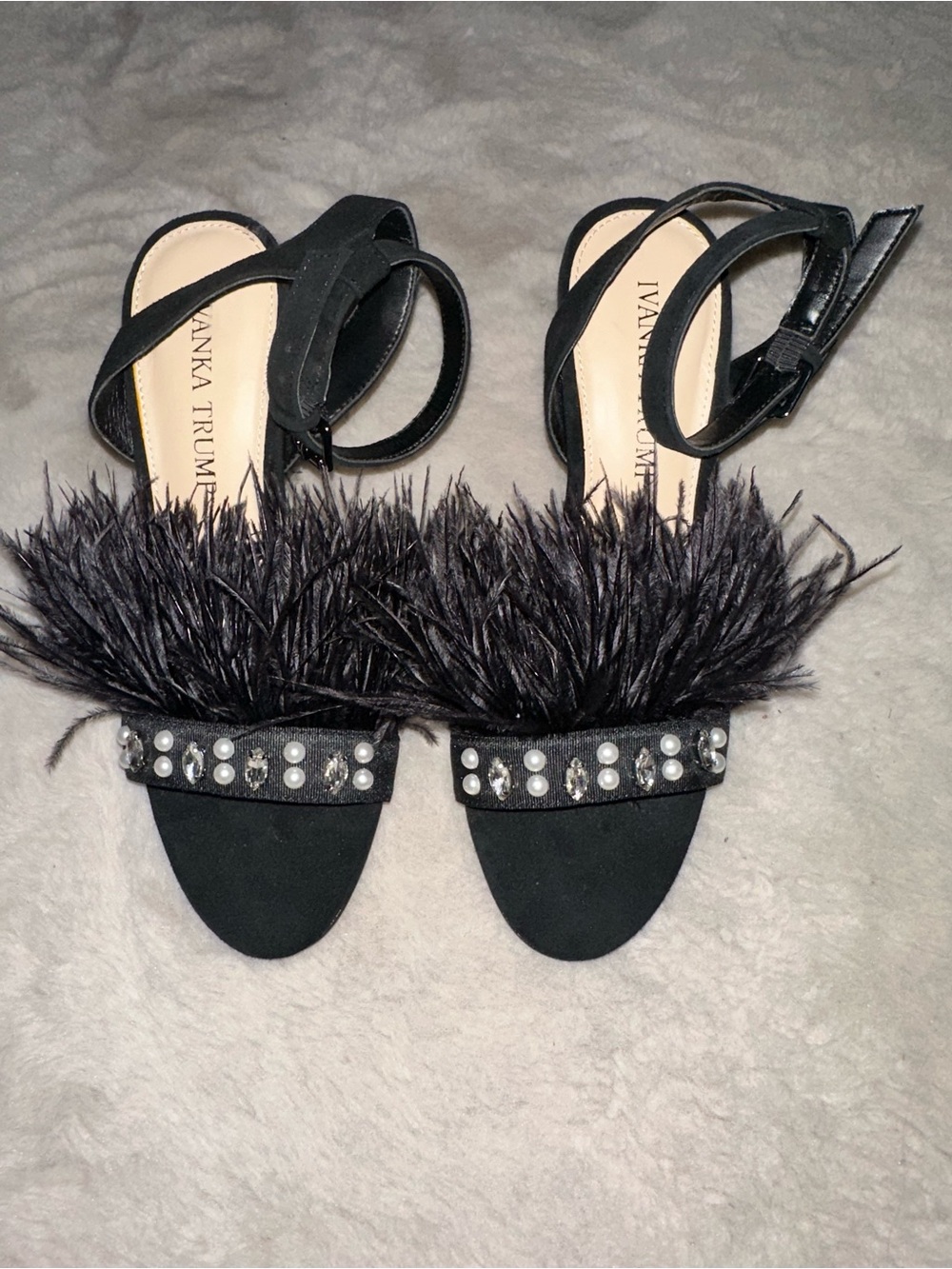 Ivanka Trump Black Feather & Crystal Ankle-Strap Heels